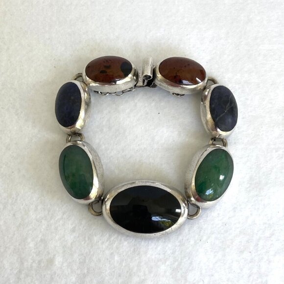 VTG Sterling Silver 925 Taxco Mexico Chunky Multi Gemstone Oval Link Bracelet - Picture 2 of 16